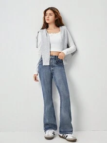 SHEIN TEEN GIRL Y2K 都市街头复古水洗可调节腰部高弹力经典 5 口袋喇叭裤，时尚女孩必备百搭时尚单品 - 中等水洗藍 - 查看 5