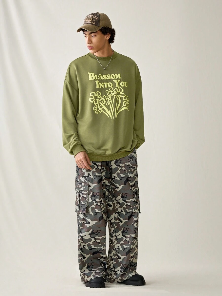 Manfinity VCAY 2pcs Men Knitwear Fashion Casual Young Loose Long Sleeve Sweatshirt & Drawstring Waist Straight Leg Pants Set, For Fall Winter - Army Green - View 1