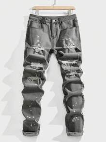 Forever 21 Men's Casual Ripped Denim Jeans With Frayed Hem - Grey - View 2