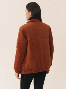 SHEIN 孕妇纯色全拉链前口袋简约长袖夹克，休闲日常穿着，适合冬季 - 咖啡棕 - 查看 5