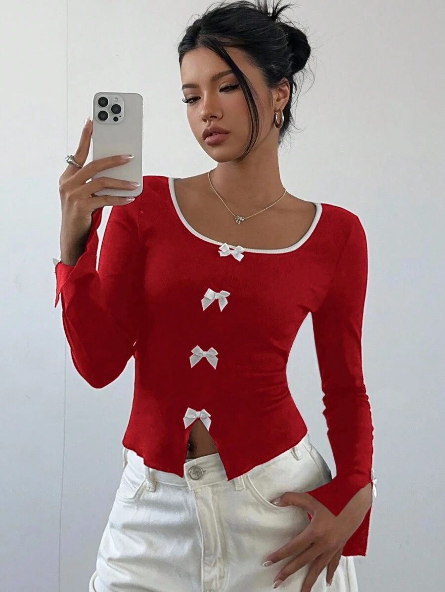 Aloruh Women's Colorblock Hem Long Sleeve Bow Decor Casual T-Shirt - Red and White - View 1