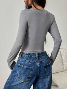 SHEIN Unity 女士秋季休闲蕾丝边蝴蝶结装饰修身短款 T 恤