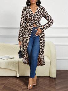 SHEIN Lady Leopard Print Shirt V-Neck Long-Sleeved Shirt Elegant Shirt With Front Twist Design Long Sleeve Shirt Mexican Tops Fall Women Tops