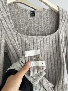 SHEIN BASICS 女式休闲纯色针织方领长袖修身紧身衣 - 彩色 - 查看 9