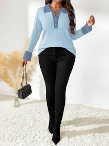 SHEIN LUNE Suéter casual de diario con bloqueo de color y abotonado, talla grande, otoño/invierno - Celeste - Ver 3