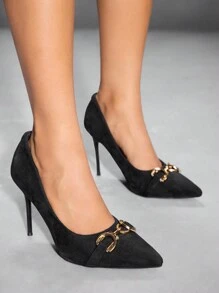 CUCCOO SZL أحذية كعب عالي للنساء للزفاف / الحفلات / المناسبات مزينة بمعدن أنيقة وجذابة وأسودة، مناسبة للتنقل والمواعيد والتجمعات والعطلات