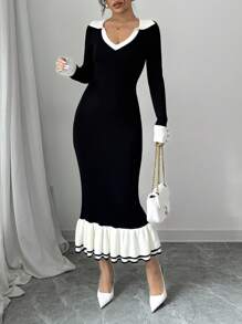 Gloray Vestido de punto casual sencillo con cuello en V de manga larga y empalme de unicolor para mujer