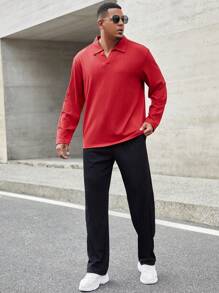 Manfinity Homme Camisa polo de manga larga casual de unicolor con cuello plano para hombre talla grande, para otoño, para salir