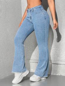 SHEIN EZwear 女式休闲前扣口袋简约设计牛仔裤 - 淺色水洗藍 - 查看 5