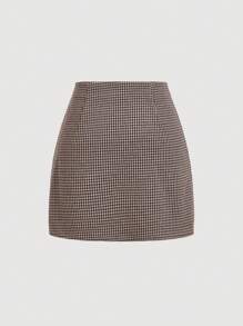 SHEIN MOD Houndstooth Print A-Line Mini Skirt, Holiday Party Women Skirt, S ,Holiday Women - Coffee Brown - View 2