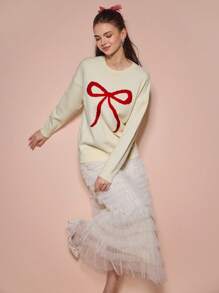 Enchnt Autumn Sweater, Round Neck Bow Pattern,Cute Red And White Long Sleeve Tops,Loose School Style Oversized Comfortable Christmas & Thanksgiving - Apricot - View 9