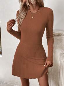 Chiquease Crew Neck Solid Color Fitted Elegant Long Sleeve Sweater Dress - Rust Brown - View 5