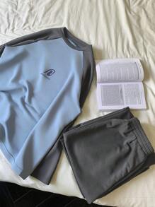 DAZY Crew Neck Color Block Raglan Sleeve Letter Print Top And Loose Pants Pajama Set, Fall Clothes - Blue - View 1