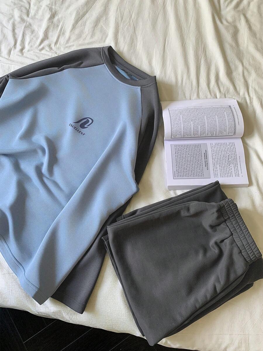 DAZY Crew Neck Color Block Raglan Sleeve Letter Print Top And Loose Pants Pajama Set, Fall Clothes - Blue - View 1