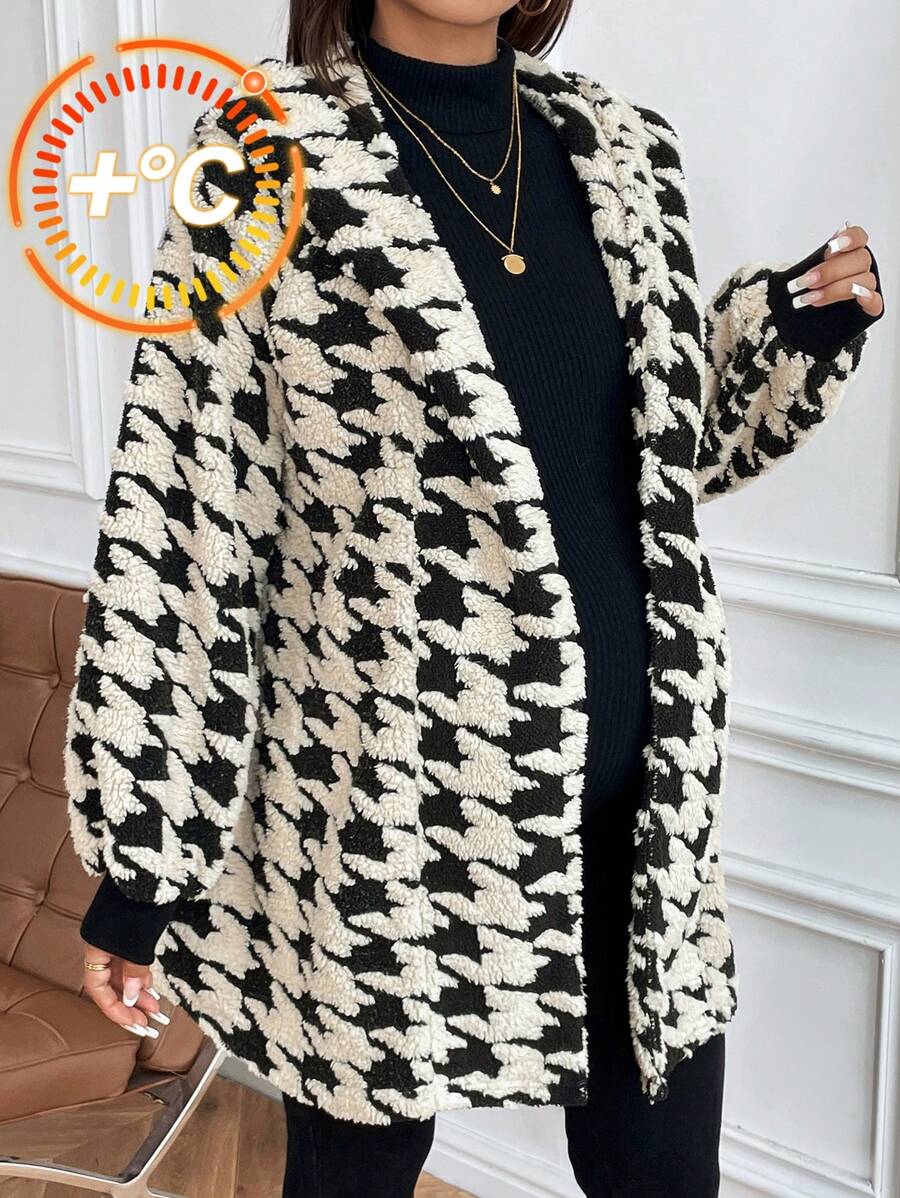 SHEIN 孕妇拉链连帽泰迪熊衬里绗缝长袖外套，适合孕妇 - 藍色 - 查看 1