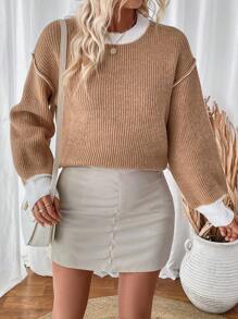 SHEIN LUNE 圆领拼色蝙蝠袖长袖针织套衫