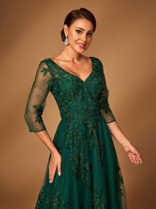 Serin Váy Peplum cổ chữ V tay 3/4 thêu lưới Jacquard sang trọng lãng mạn màu xanh ô liu dành cho nữ, thích hợp cho các bà mẹ tham dự tiệc tối, đám cưới và các dịp quan trọng khác - Màu xanh lá cây đậm - Xem 3