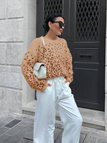 EURMUSE Casual All-Over Cheetah Pattern Crew Neck Long Sleeve Pullover Sweater - Camel - View 4