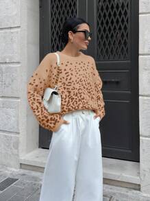 EURMUSE Casual All-Over Cheetah Pattern Crew Neck Long Sleeve Pullover Sweater - Camel - View 5