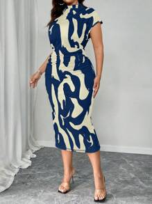 Elenzga Plus Size Women Stand Collar Tight Fitting Elastic Blue & White Print Waist Ruched Slim Fit Short Sleeve Dress, Autumn Maxi Women Outfit, For Summer
