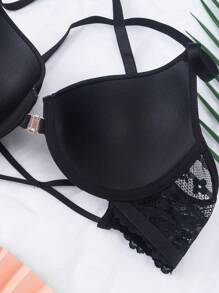 Sexy Lace Splicing Front Closure Padded Push Up Seamless Wireless Bra - Black - View 7