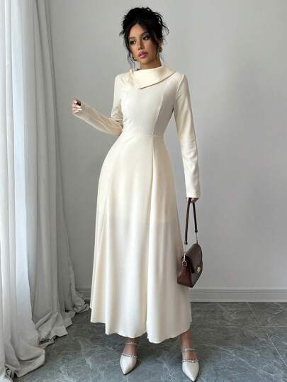 Elenzga 1 件女士优雅时尚通勤长袖不对称领腰收腰纯色针织连衣裙