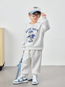SHEIN 2pcs/Set Young Boy Casual College Style Comfortable Cartoon Bear Pattern Sleeve Pullover Sweatshirt And Elastic Waist Pants Set, Suitable For Kids Outfits, Back To School, Clothes, Daily Wear, School, Outings, Sports, Autumn And Winter