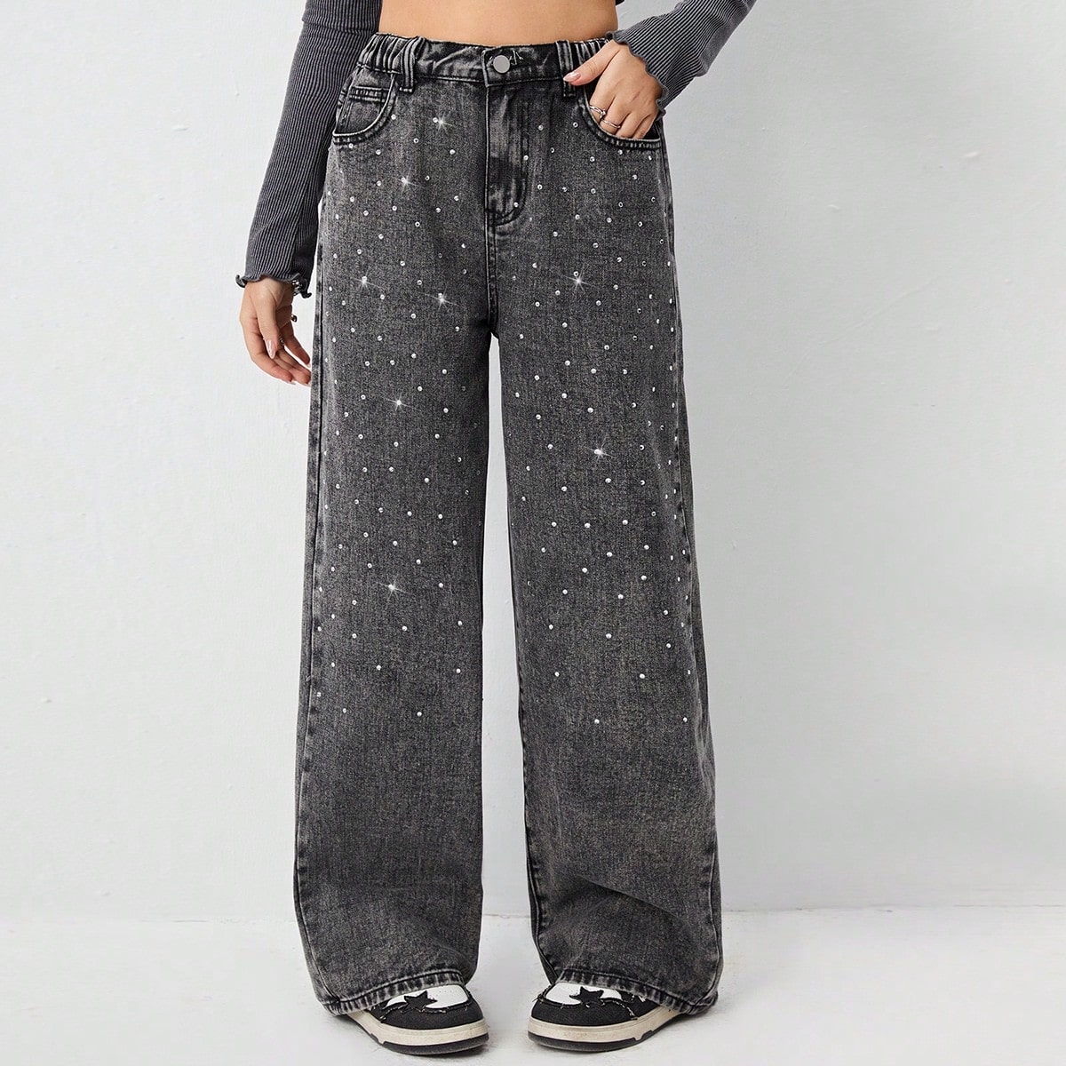 Jeans de pierna ancha con cintura elástica cómoda, detalles de diamantes de planchado, estilo urbano chic Y2K, un elemento de moda imprescindible pa