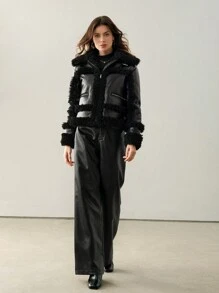 SHEIN x Carly Lawrence Anewsta 女士纯色蓬松领拼接飞行员夹克 - 黑色 - 查看 6