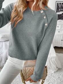 SHEIN LUNE Women Plain Button Decor Long Sleeve Casual Blouse Knit Pullover Fall Winter Outfit