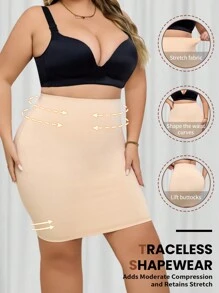 女士加大码无缝收腹塑身裙，高腰紧身迷你裙 - 杏色 - 查看 3