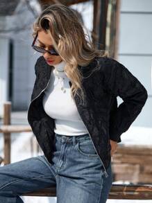 Aveloria Affinna 黑色美式复古休闲纹理印花拉链长袖罗纹撞色女式夹克外套 - 黑色 - 查看 5