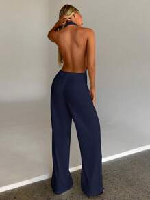 Aloruh Women Autumn Winter New Sexy Fashionable Front Turtleneck Back Plunge Neck Bodycon Jumpsuit - Navy Blue - View 1