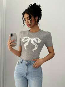 SHEIN Unity 1pc Women's Cute Jacquard Bow Knitted Sweater, Suitable For All Seasons - Grey - View 2