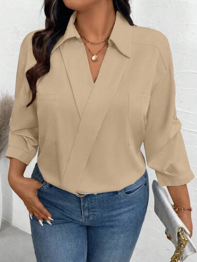 Elenzga Büyük Beden Düz Renk Günlük/Ofis V Yaka Pileli Kol Pileli Tasarım Bol Şık Bluz