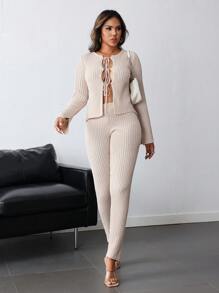 INAWLY Set de 2 piezas: Cárdigan de manga larga con lazo delantero de unicolor y pantalones largos de punto, conjunto casual para otoño/invierno - Caqui - Ver 3