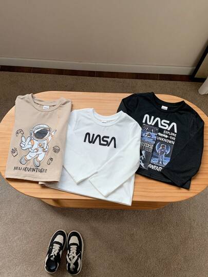 SHEIN 3 sztuki swobodnych i uroczych dziecięcych koszulek z nadrukami NASA, astronautów, astronautów, księżyców, sloganów kosmicznych, odpowiednich na wiosnę, jesień i zimę