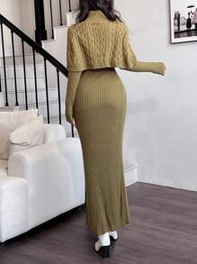 Modelyn 2 件套女士纯色前扣简约上衣和长款休闲连衣裙 2 件套 - 軍綠色 - 查看 2