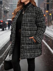 SHEIN Clasi Plus Size Women Printed Warm Front Zip Padded Coat, Suitable For Daily Wear, For Winter