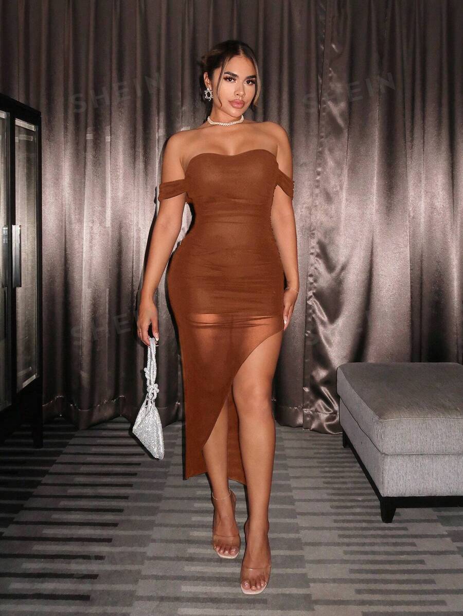 SHEIN SXY Vestido con hombros descubiertos, abertura alta en la pierna, vestido de fiesta para primavera, ropa de mujer, vestido de graduación, vestido del Día de San Valentín, vestido para cita nocturna, vestido para despedida de soltera