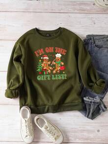 SHEIN EZwear Áo nỉ dài tay cổ tròn in họa tiết người đàn ông bánh gừng màu xanh lá cây giản dị, dáng rộng dành cho nữ, thích hợp cho dịp Giáng sinh - xanh quân đội - Xem 3