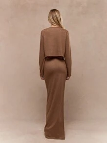 MISSGUIDED Buttoned Long Sleeves Round Neck Crop Top And Bodycon Maxi Skirt Two Piece Co-Ord Set - Brown - View 2