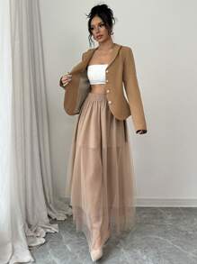 Chiquease Set de 2 piezas traje de mujer, chaqueta y falda maxi con superposición de red, para negocios, ir a trabajar, casual, maduro, otoño/invierno - Albaricoque - Ver 6