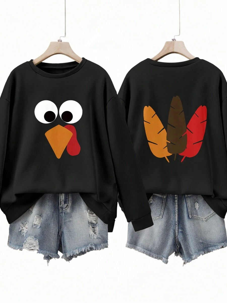 INAWLY Thanksgiving Turkey Print Women Long Sleeve Round Neck Sweatshirt, Casual For Autumn/Winter Pullover Fall - Black - View 1
