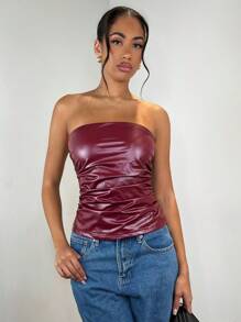 SHEIN BAE Women's Burgundy Solid Color Retro PU Artificial Leather Fashionable High Street And Versatile, Suitable For All Kinds Of Parties, Sexy Off-Shoulder Pleated Pleated Tube Top, Burgundy Top,Winter Women Tops,Christmas Women Clothes,Christmas Top/Angola Top