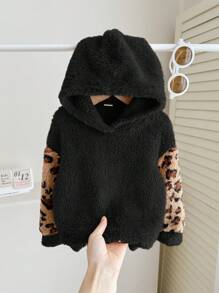 SHEIN Leap Crew Sweat-shirt mignon à manches longues pour bébé fille, patchwork à imprimé léopard et peluche, pour l'automne/l'hiver - Multicolore - Voir 5