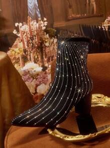 CUCCOO TILAWA Rhinestone Embellished Pointed Toe Fashionable Mid-Calf Boots For Christmas And New Year Holiday Valentines - Black - View 7