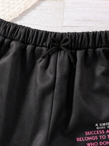 SHEIN Explorewe Tween Girl 宽松字母印花保暖内衬阔腿运动裤，时尚街头休闲深色风格 - 黑色 - 查看 6