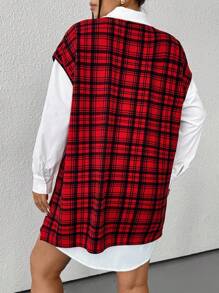 SHEIN EZwear Plus Size Plaid Vest & Casual White Shirt 2pcs Set - Red - View 2