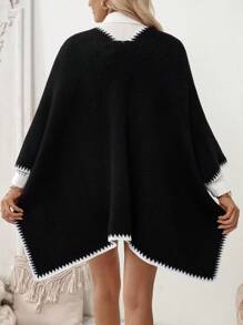 SHEIN LUNE Oversized Two-Tone Poncho Cape Style Loose Knit Cardigan, European/American Streetwear Vibe - Black - View 2